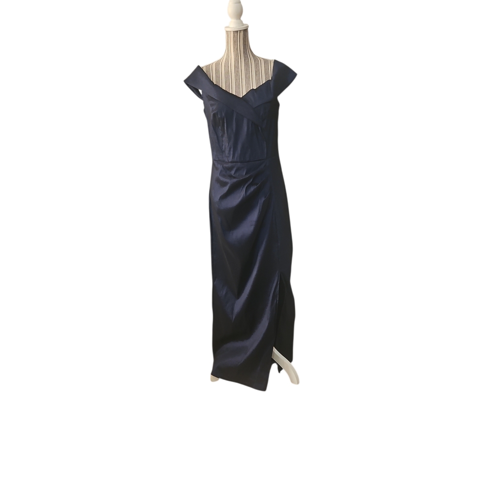 Candalite Woman Mother Of Bride Shawl Collar Taffete Navy Blue Dress SizeL